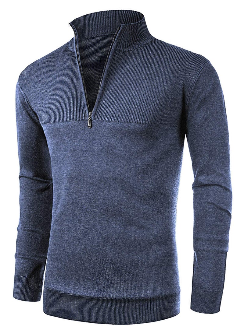 NITAGUT Mens Slim Fit Zip Up Mock Neck Polo Sweater Casual Long Sleeve Sweater and Pullover Sweaters with Ribbing Edge,Vg Navy Blue,Medium - Image 1